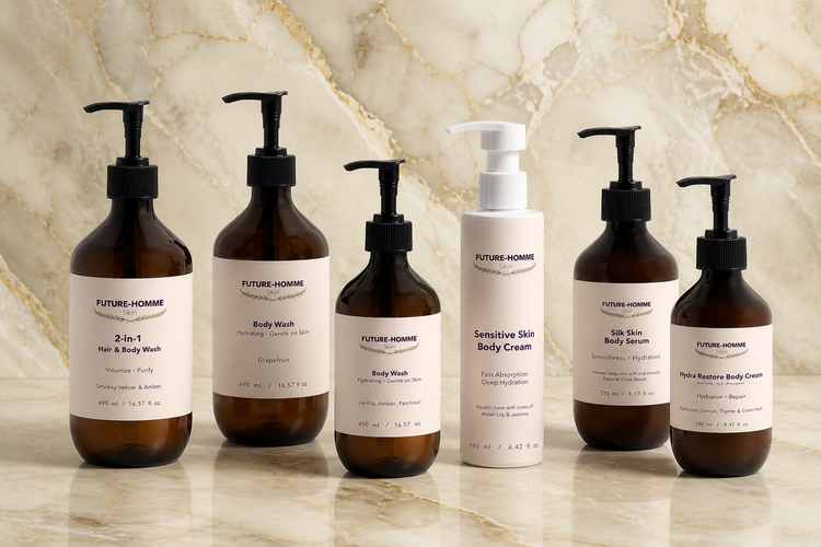  body wash and lotion product by future-homme on a cream marble background