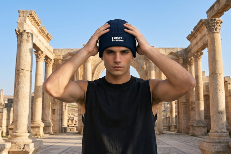 a young man wearing a future-homme branded beanie with the Jarash ruins in the background. 