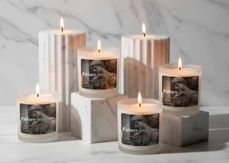 four lit candles with classical imagery and 'future-homme' branding surrounded by two white lit column pillar candles on a white background 