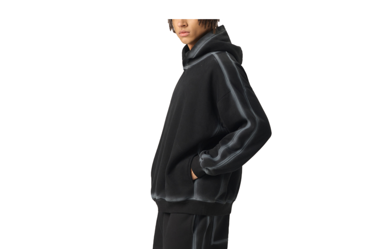 A model wearing a Future-Homme Chalk Stripe Fleece Please Hoodie a match pant on a white background. 