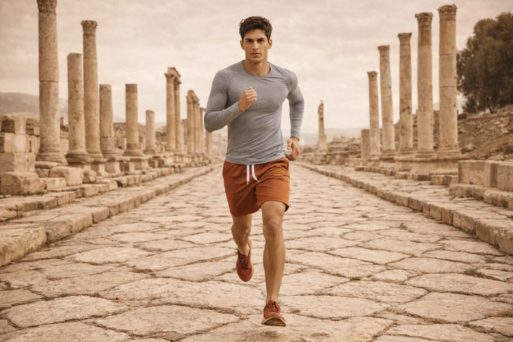 A classical male statue holding a discus in a field of grass and ruins 