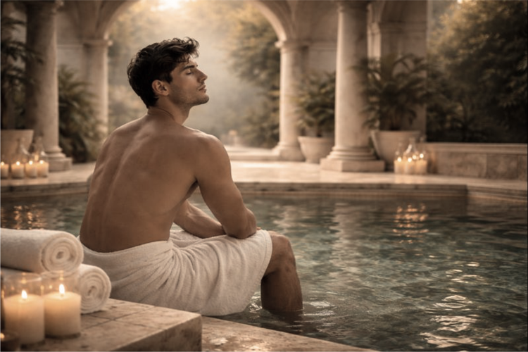 a young man in a Roman bath house with his feet in the pool