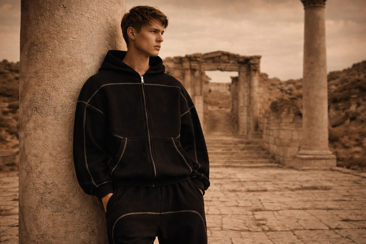 a young male wearing a track suit leaning against an ancient column ruin 