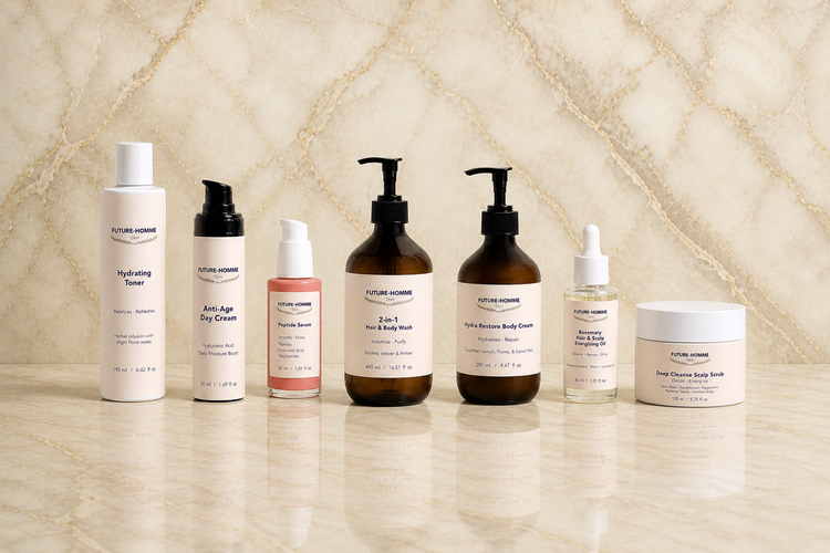 a collection of future-homme skincare products flat lay on a cream marble background