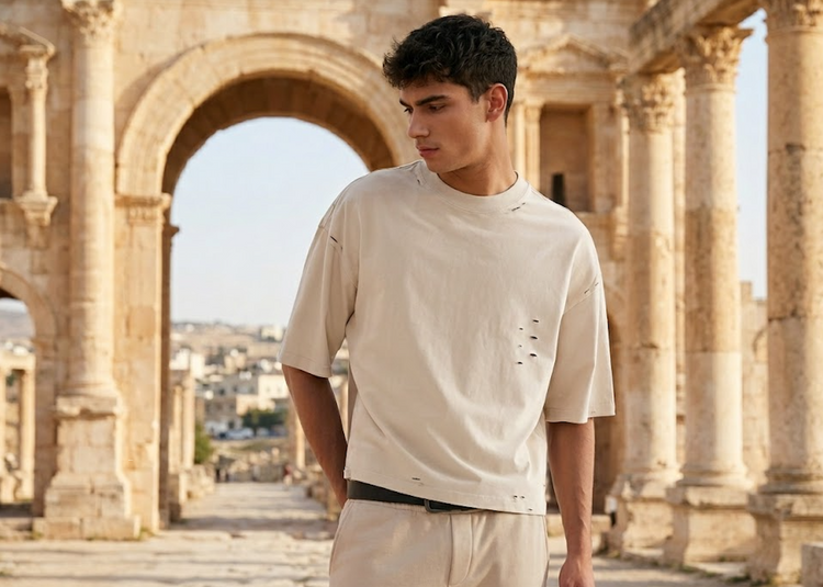 a young male wearing a distressed beige t-shirt and pants in Jarash ruins. 
