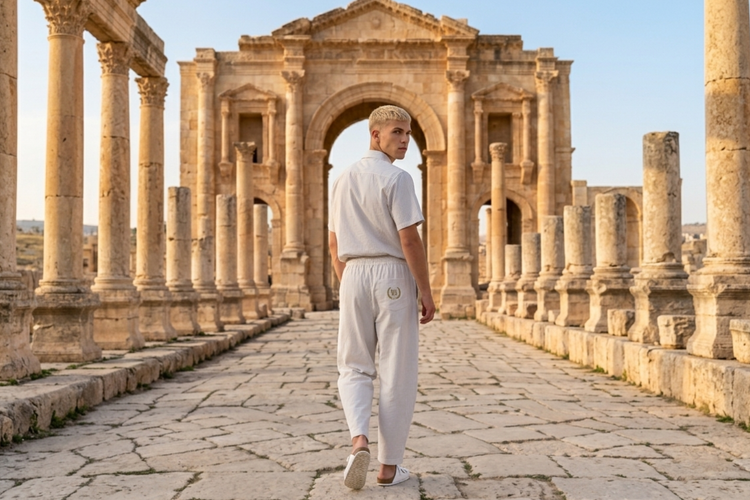 a young man in the ruins of Jarash wearing a matching beige pinstripe shirt pant set