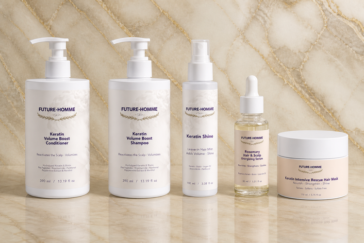 a collection of hair products on a cream marble background