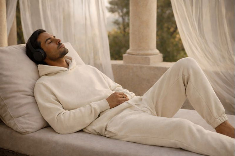 a person laying down on a chaise lounge on an outdoor balcony wearing a cream jogger hoodie set wearing head phones. 