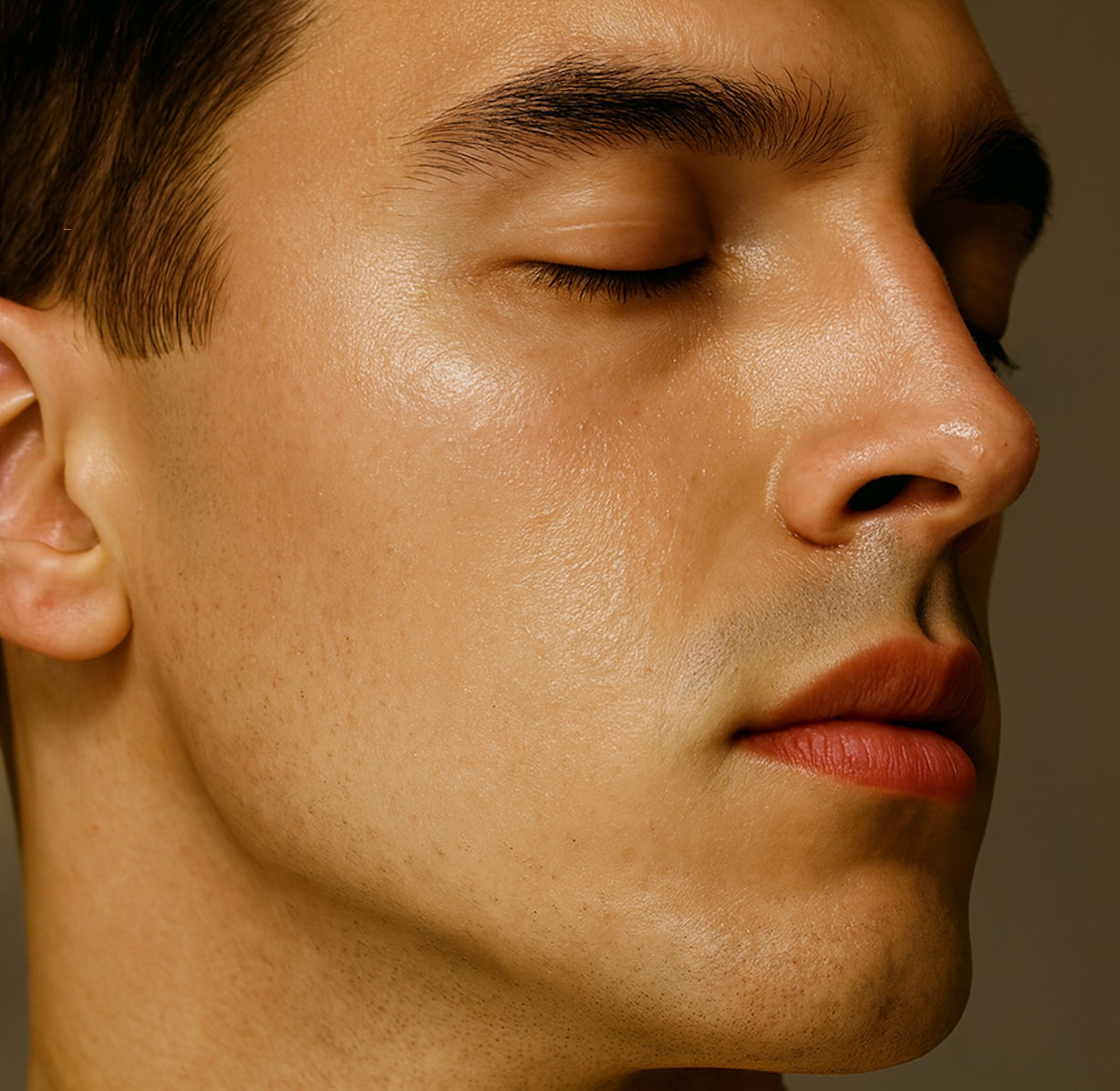 Face of a male model posing eyes closed for a skin collection 