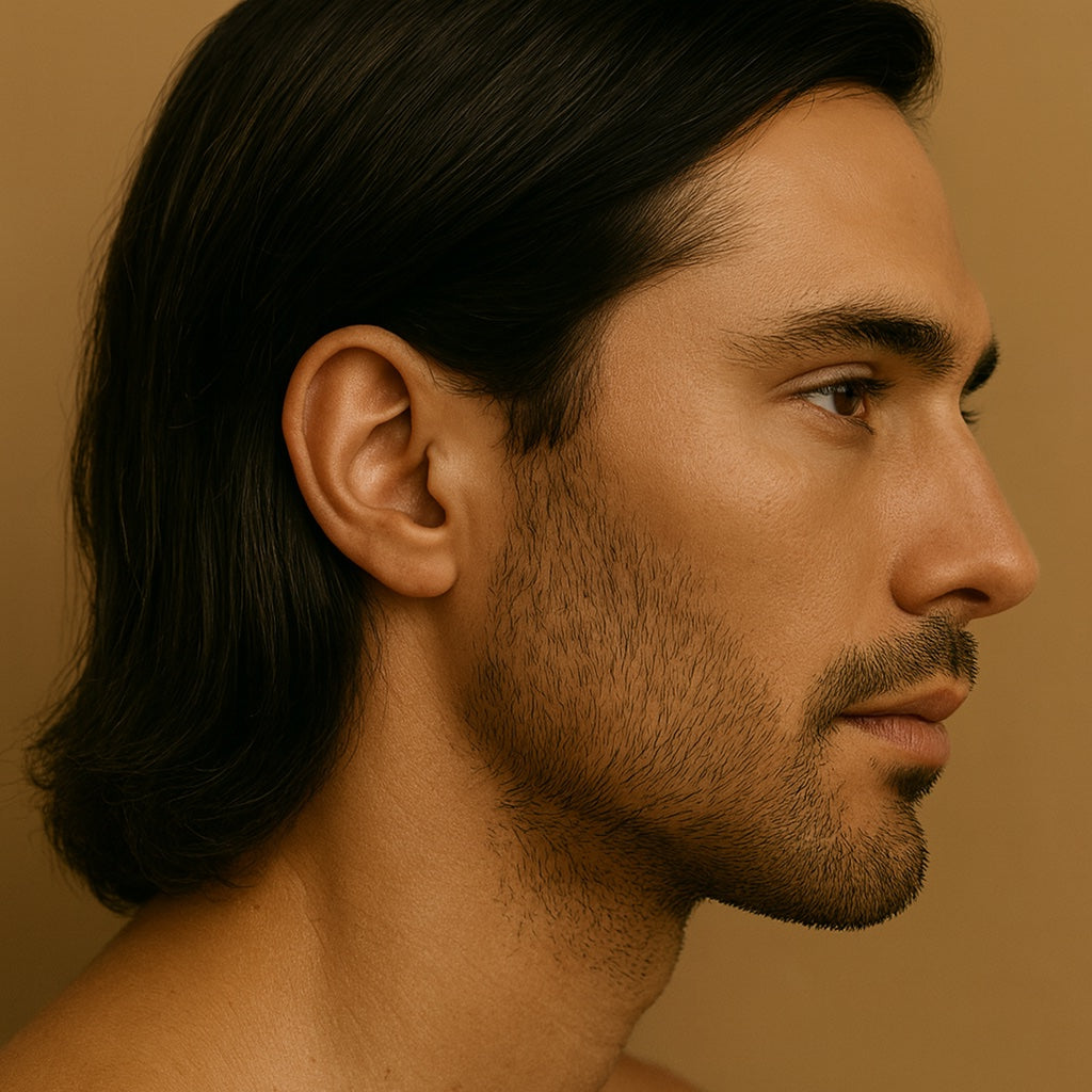 Side profile of a male model highlighting his hair. 