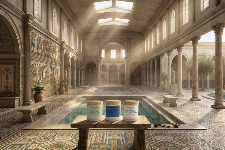 a young man in a Roman bath house with his feet in the pool