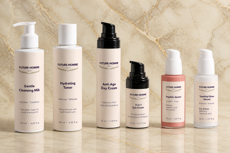 a collection of future-homme face products on a cream marble background 