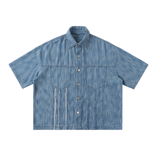 Distressed Wash Short-Sleeve Denim Shirt