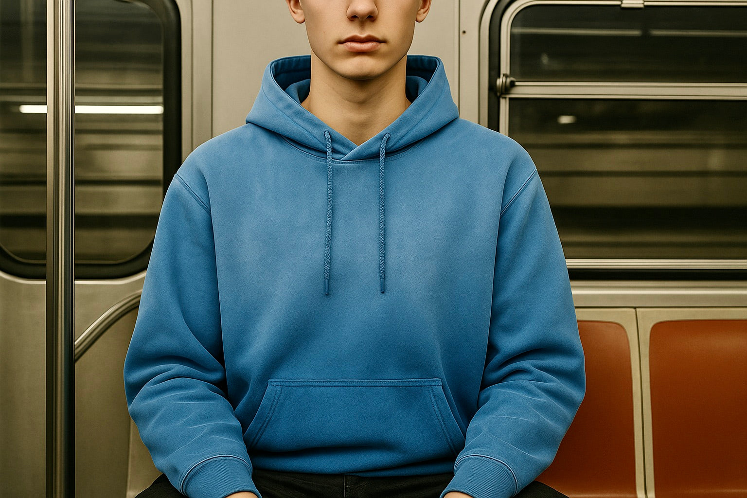 A Gen Z male model wearing a Future-Homme Sun Fade Blue Hoodie riding a New York City subway