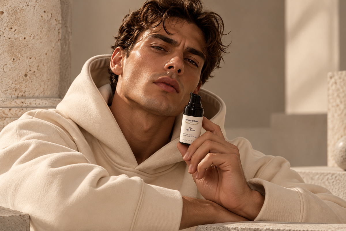 a male figure in a cream hoodie holding a bottle of 3-in-1 eye cream against a stone background. 