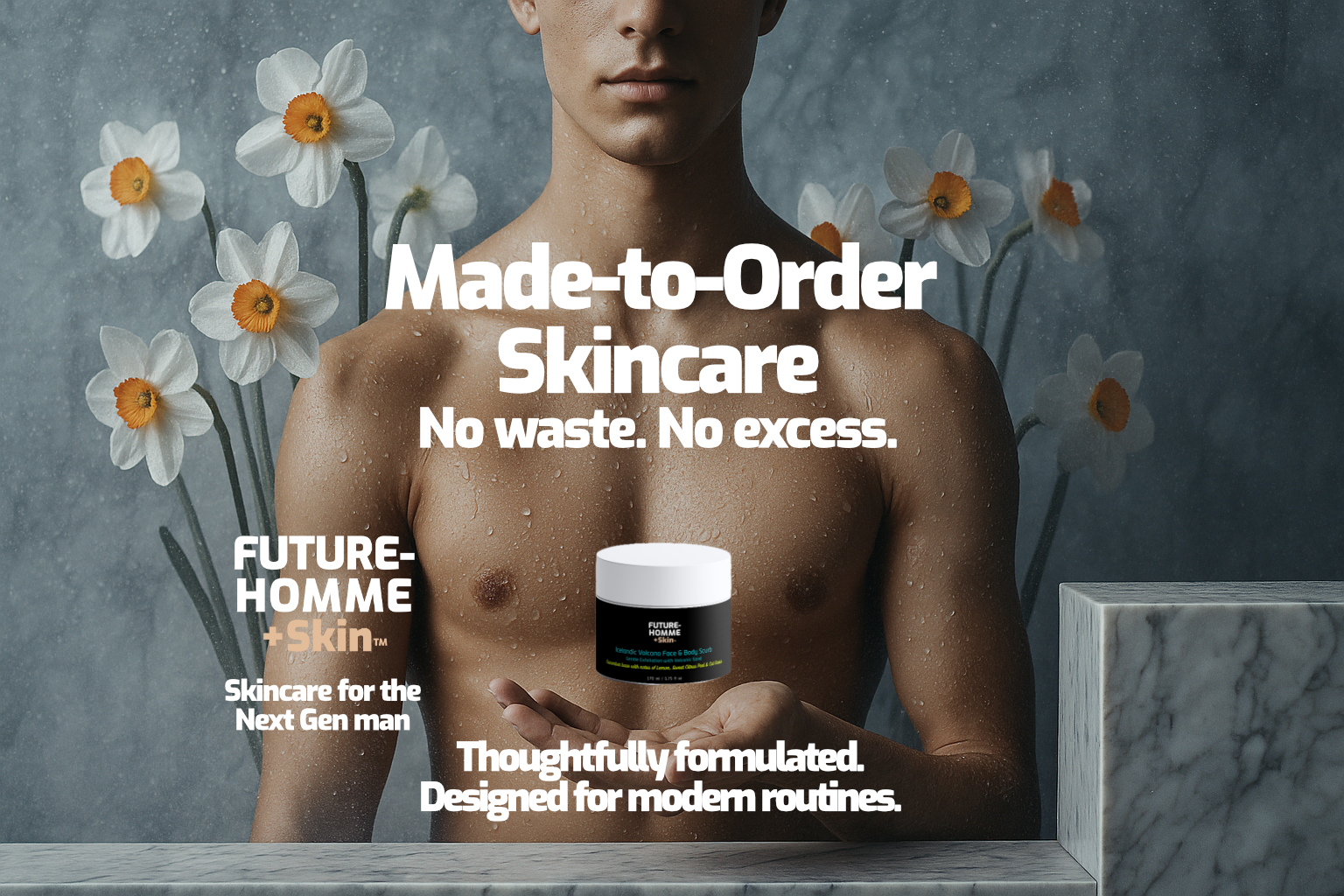 Advertisement for 'Future Homme + Skin' skincare with a man holding a product, flowers, and text about waste reduction.