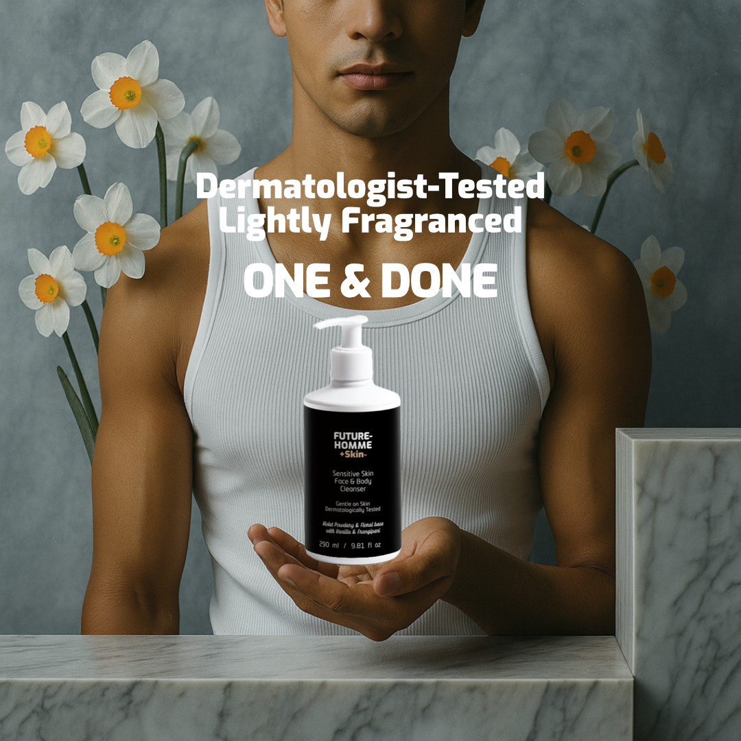 Person holding a Future-Homme +Skin bottle of 'ONE & DONE' product with flowers in the background