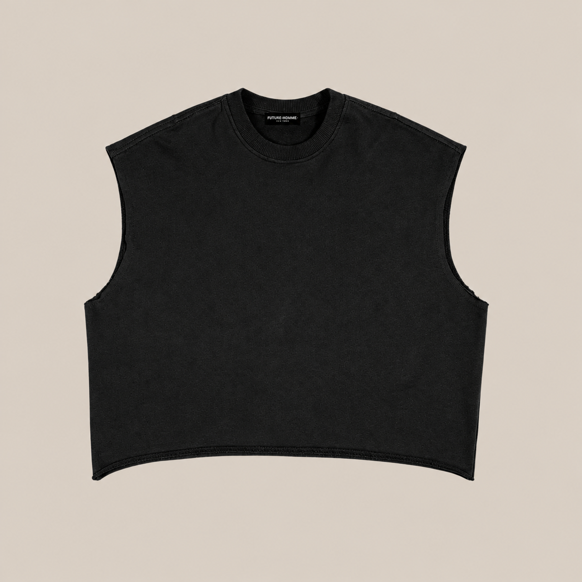 A black sleeveless crop top with a crew neck, laid flat against a solid beige background.