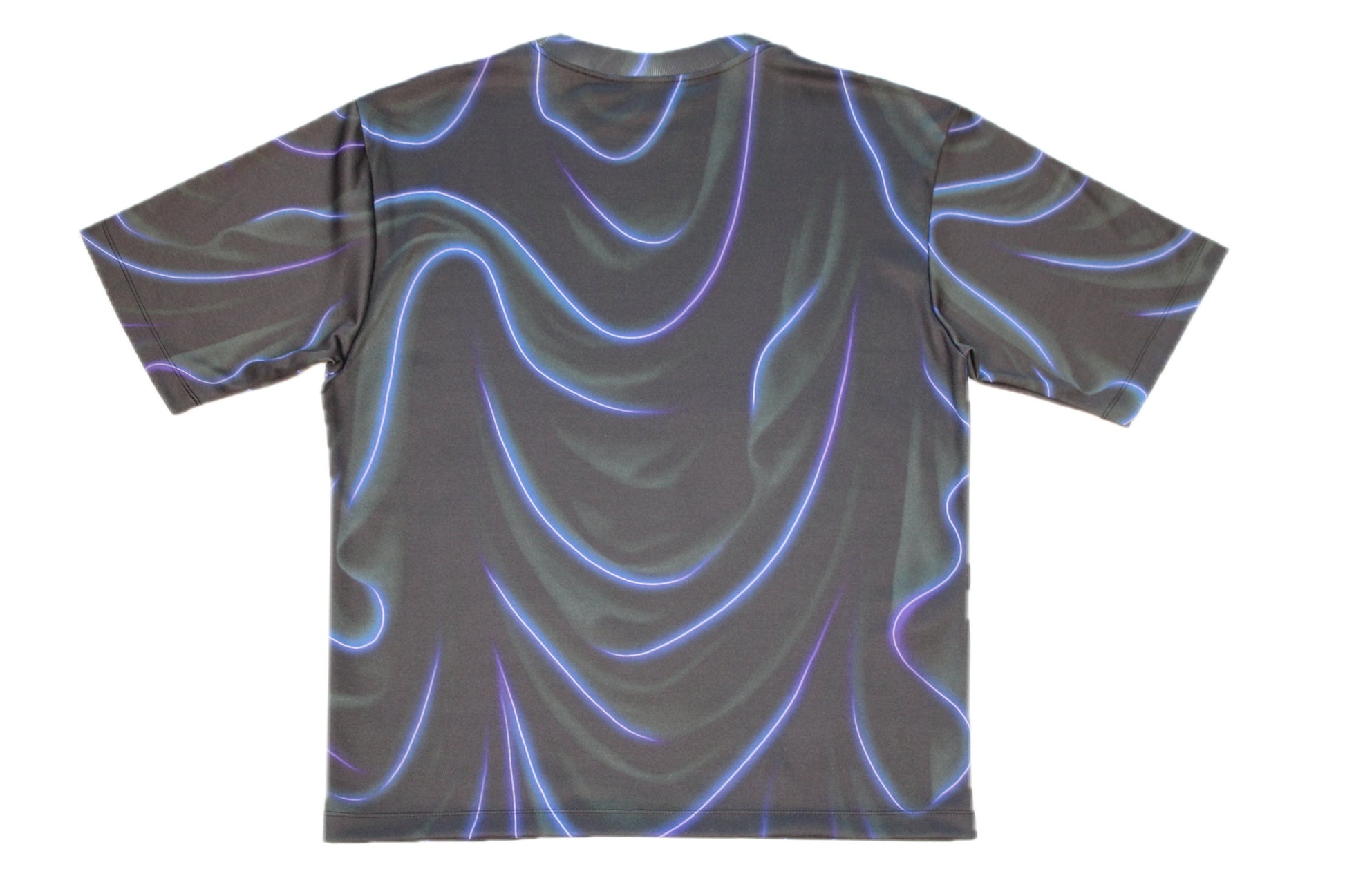 Gray t-shirt with blue wavy patterns on a white background