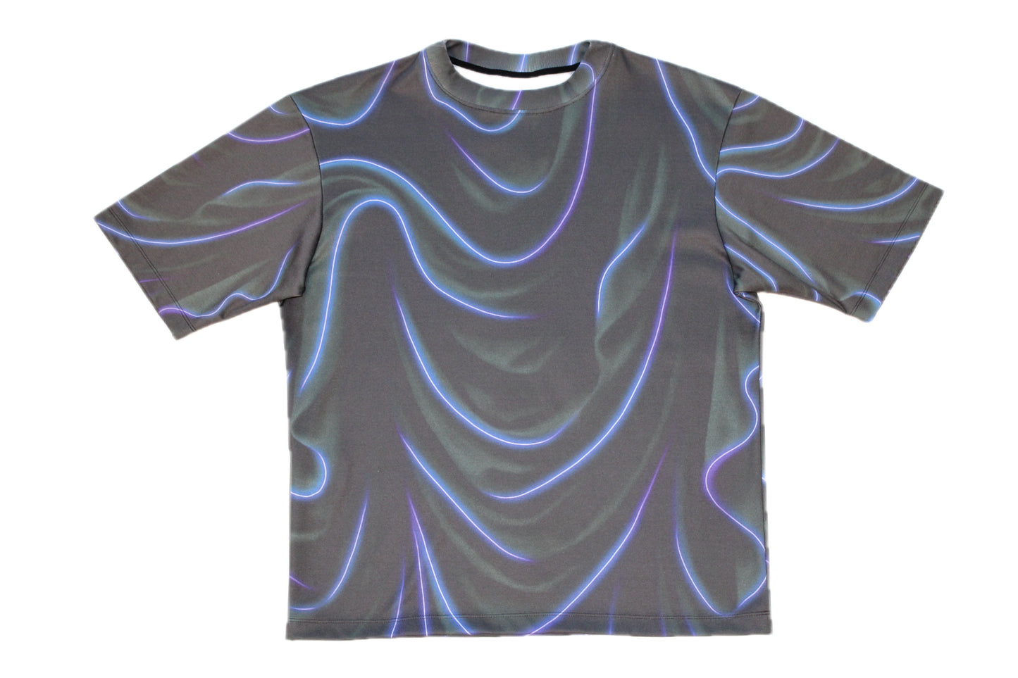 T-shirt with wavy blue pattern on gray background