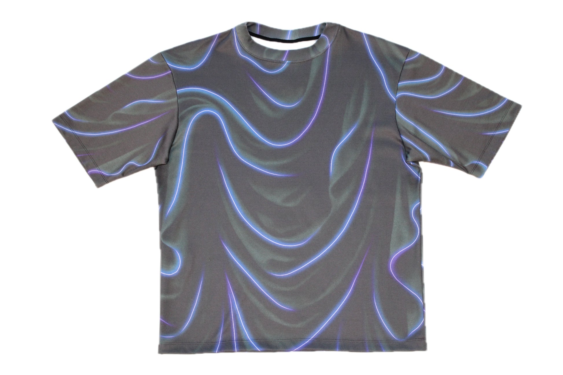T-shirt with wavy blue pattern on gray background