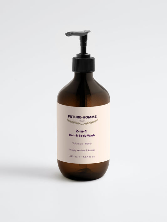 Brown bottle of Rivelle 2-in-1 hair and body wash for men on a white background