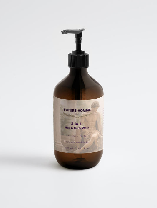 Brown bottle of 2-in-1 hair and body wash with pump on a white background