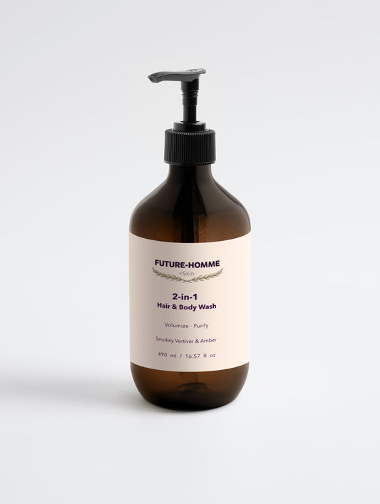 Brown bottle of Rivelle 2-in-1 hair and body wash for men on a white background