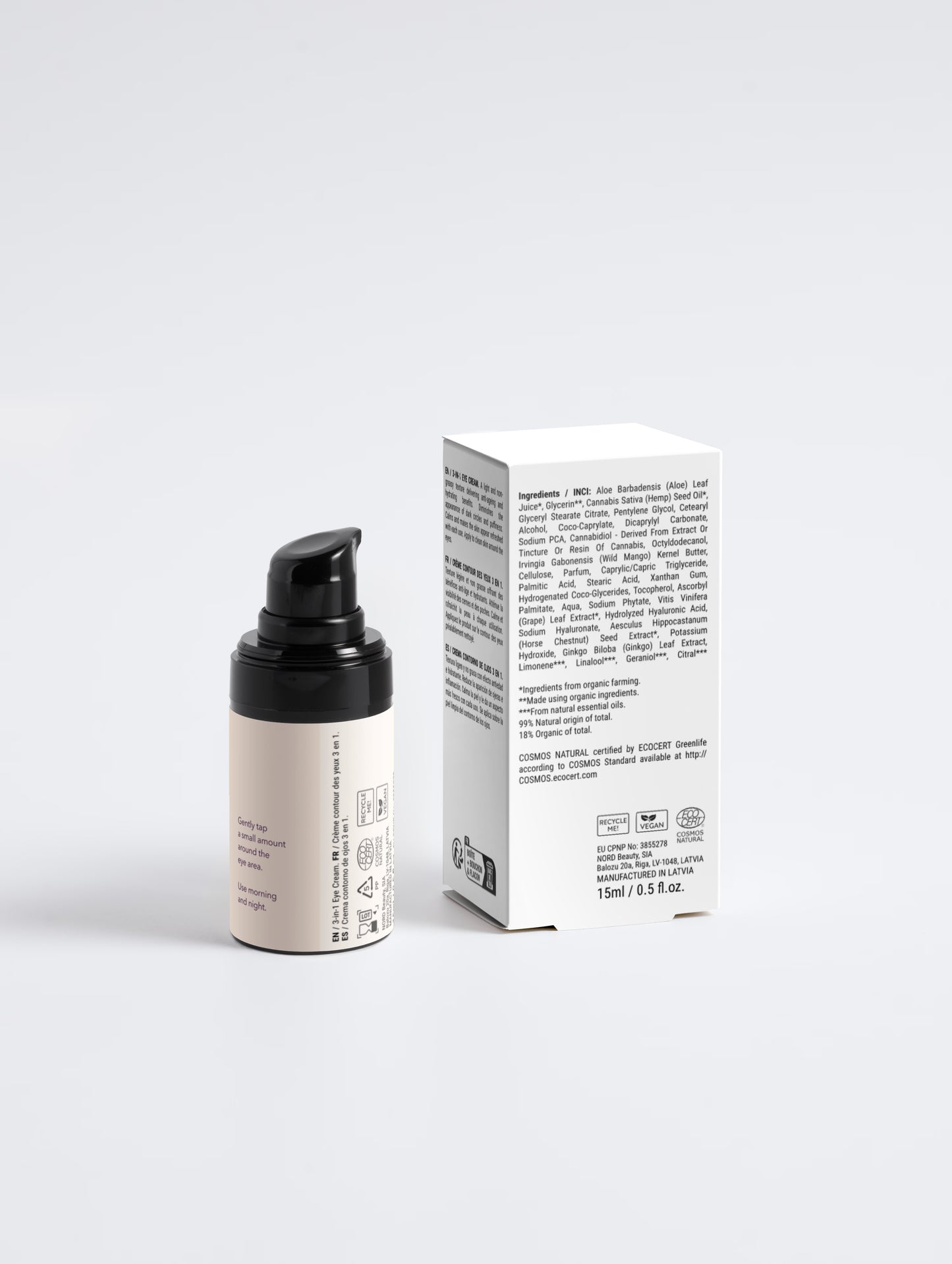 Skincare product with pump and its packaging on a white background