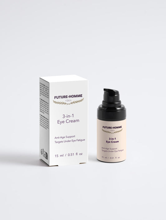 Future-Homme 3-in-1 Eye Cream packaging and bottle on a light gray background