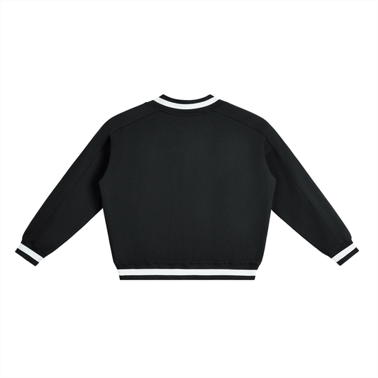 Flat lay of the Future-Homme track v-neck sweatshirt 380 GSM sustainable in black backside on a white background. 
