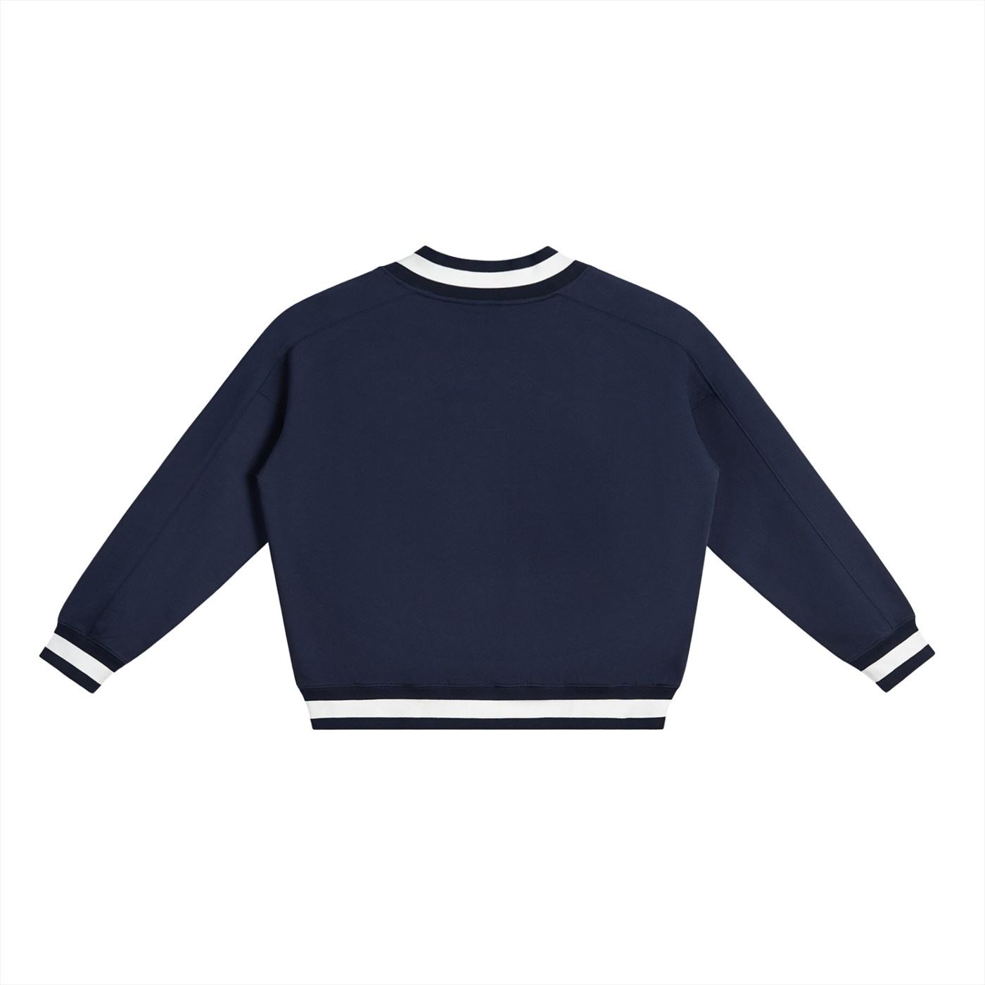 Flat lay of the Future-Homme track v-neck sweatshirt 380 GSM sustainable in navy backside on a white background. 