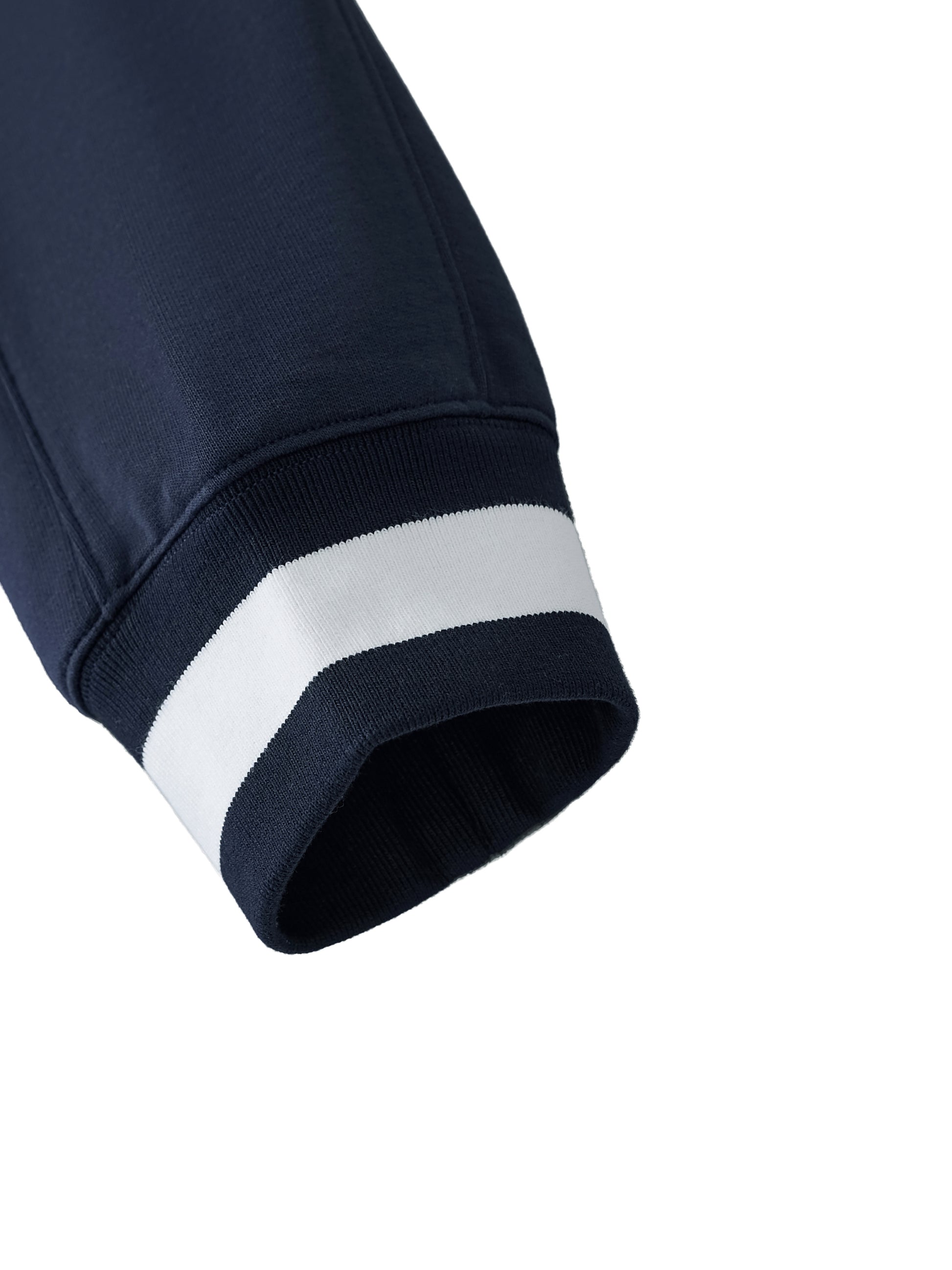 Flat lay of the Future-Homme track v-neck sweatshirt 380 GSM sustainable in navy sleeve close-up on a white background. 