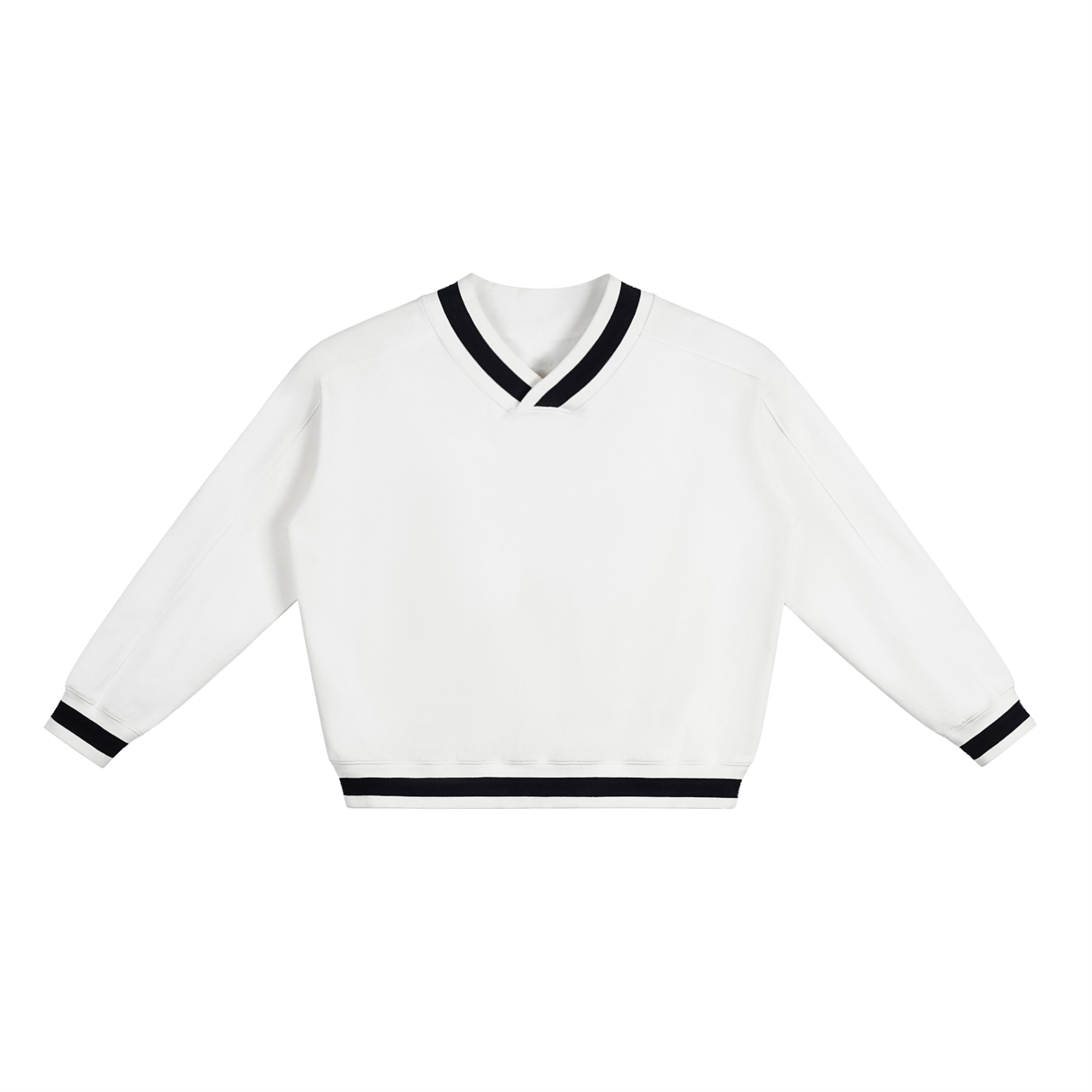 Flat lay of the Future-Homme track v-neck sweatshirt 380 GSM sustainable in white frontside on a white background. 