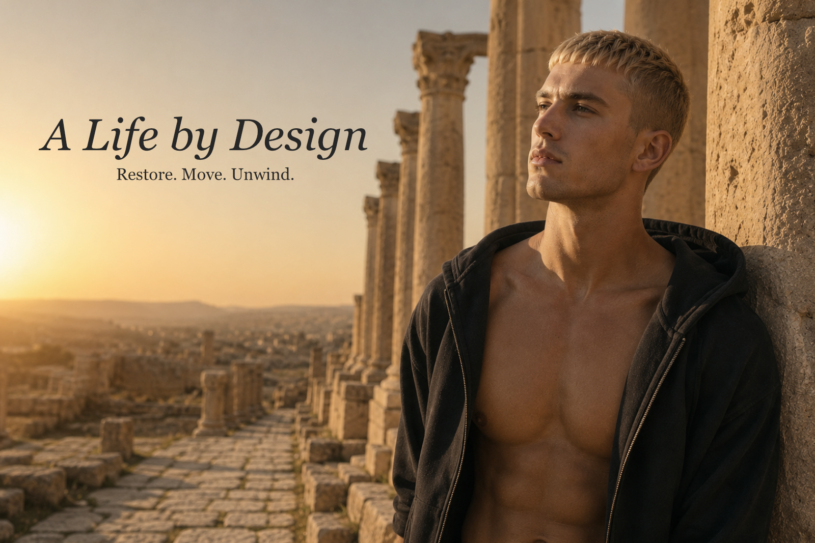 Man leaning against ancient ruins with 'A Life by Design' text overlay
