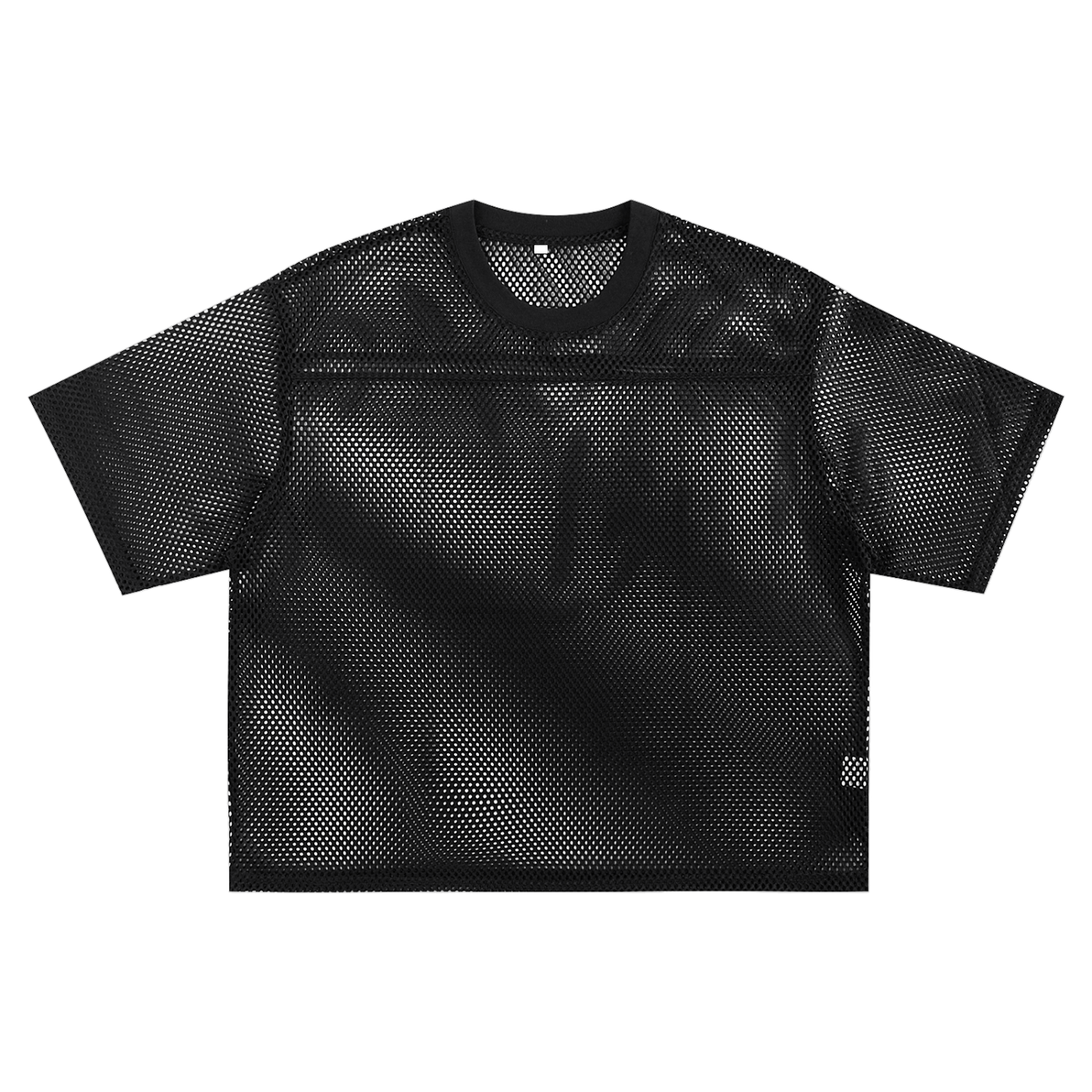 Flat lay of the sustainable Future-Homme activewear boxy mesh tee in black frontside on a white background. 