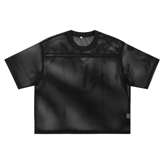 Flat lay of the sustainable Future-Homme activewear boxy mesh tee in black frontside on a white background. 