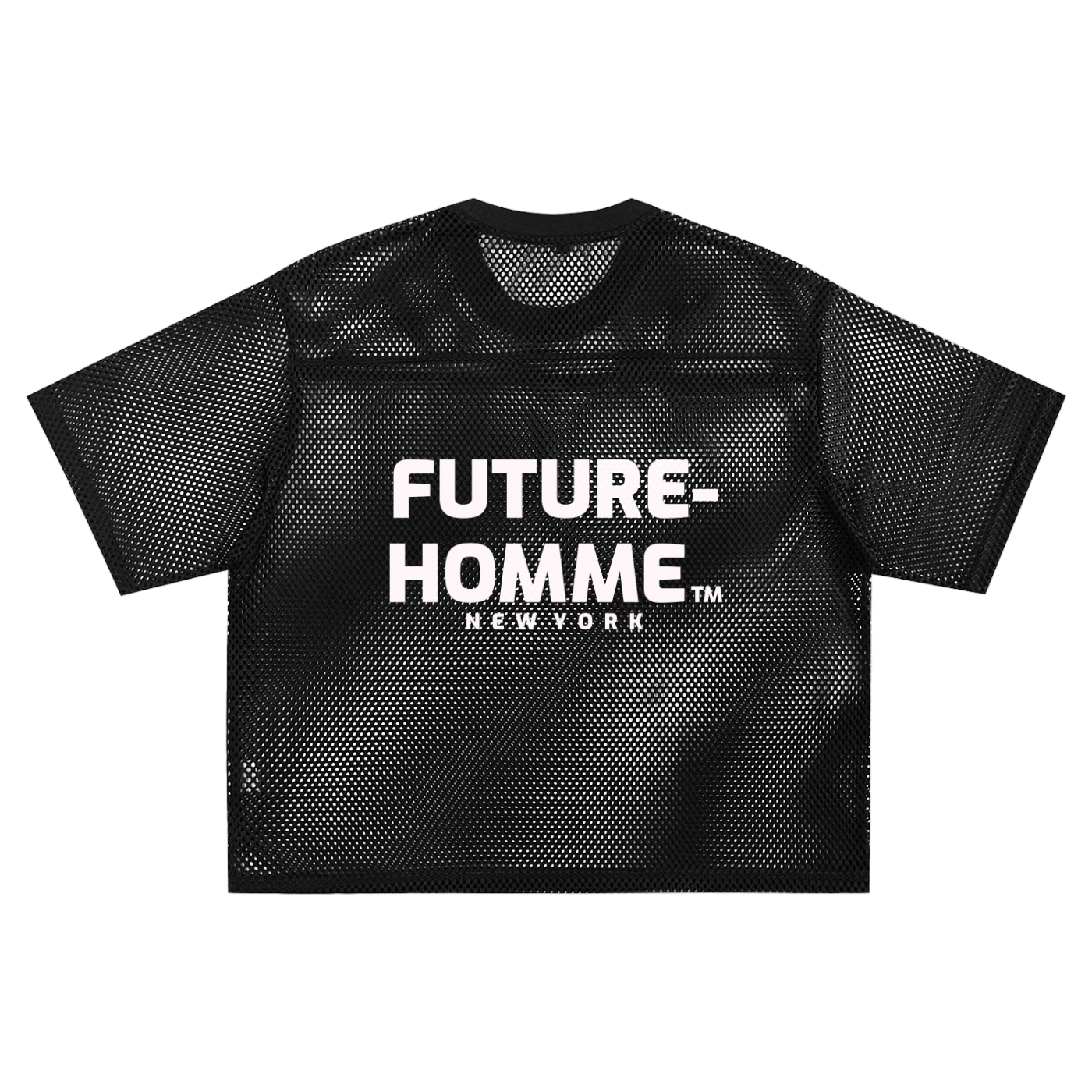 Flat lay of the sustainable Future-Homme activewear boxy mesh tee with macro logo on the backside in black on a white background