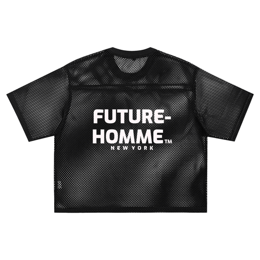 Flat lay of the sustainable Future-Homme activewear boxy mesh tee with macro logo on the backside in black on a white background