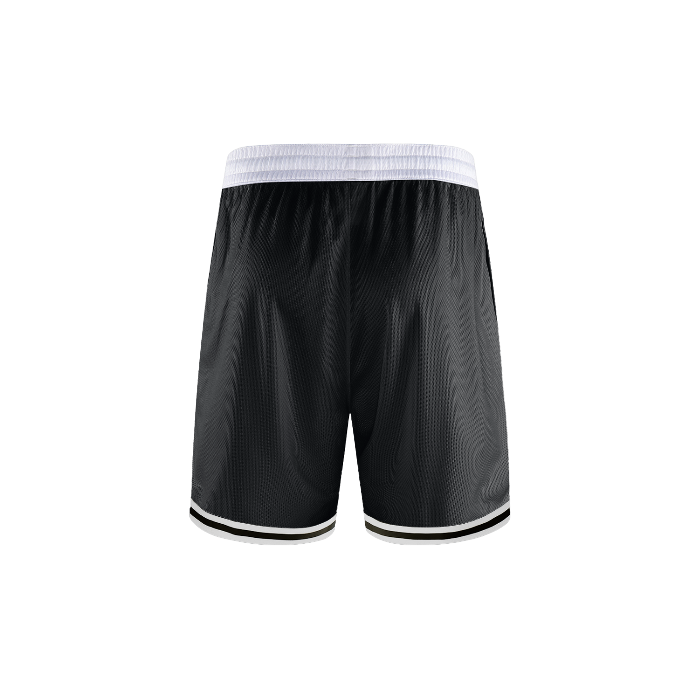 Ghost display of the sustainable Future-Homme activewear classic stripe trim basketball short in black backside on a white background