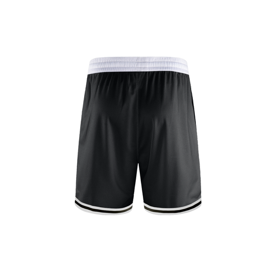 Ghost display of the sustainable Future-Homme activewear classic stripe trim basketball short in black backside on a white background