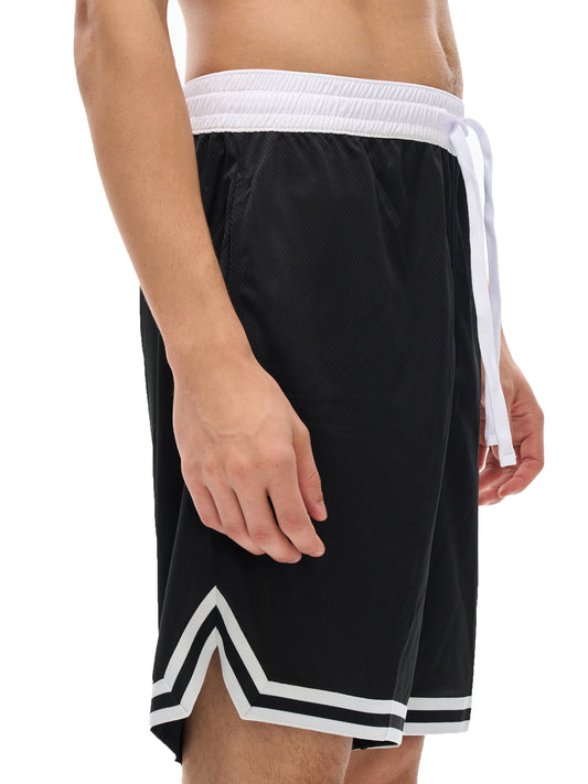 Lower half of model wearing the sustainable Future-Homme activewear classic stripe trim basketball short in black front left side view on a white background