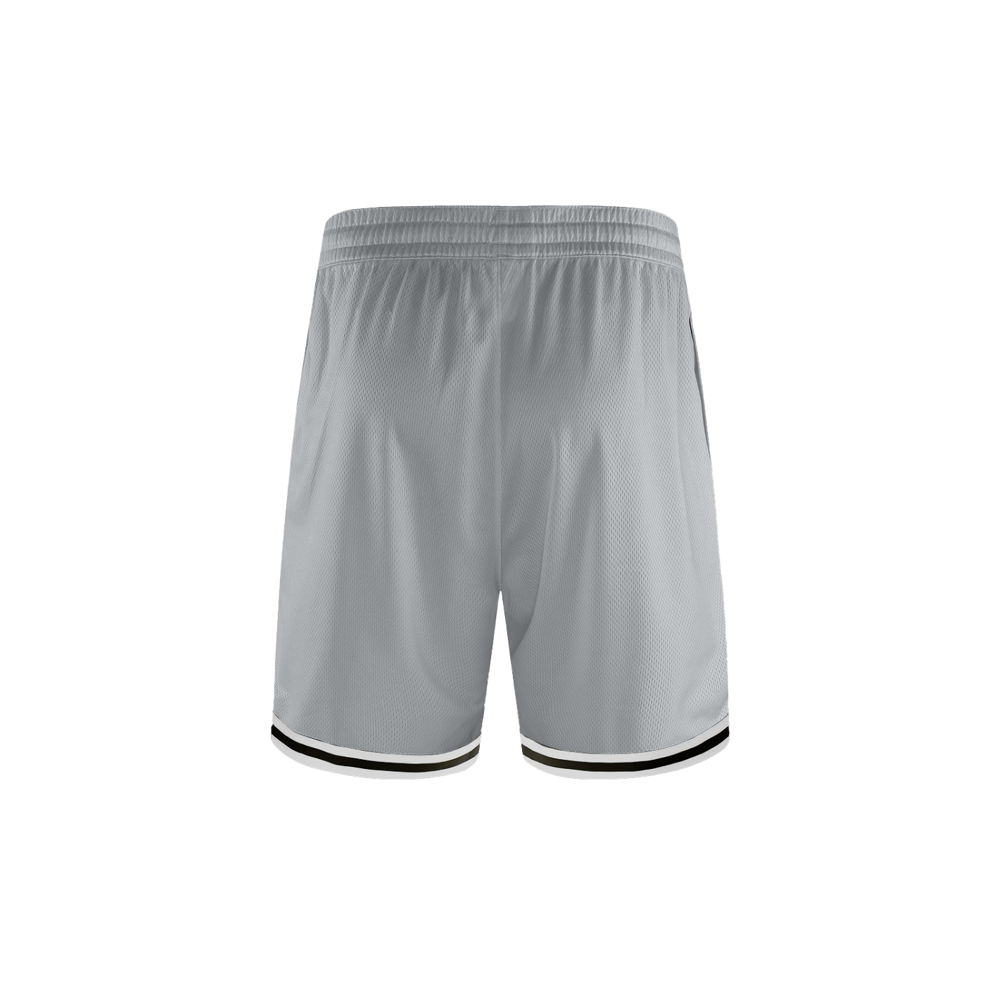 Ghost display of the sustainable Future-Homme activewear classic stripe trim basketball short in gray backside on a white background