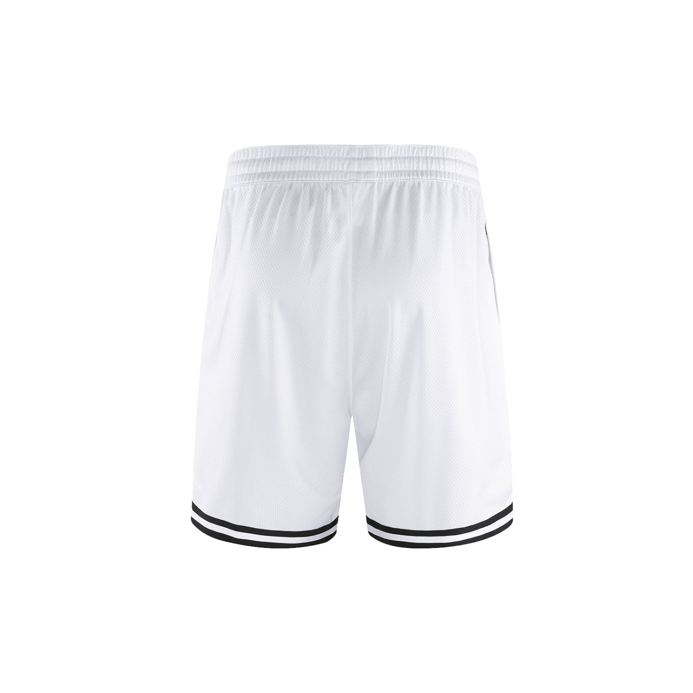 Ghost display of the sustainable Future-Homme activewear classic stripe trim basketball short in white backside on a white background