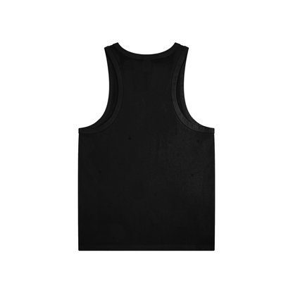 Flat lay of the sustainable Future-Homme activewear cotton tank top in black backside on a white background