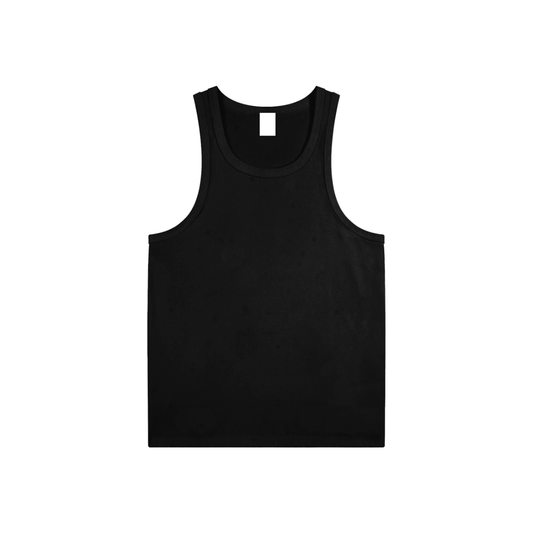 Flat lay of the sustainable Future-Homme activewear cotton tank top in black frontside on a white background 