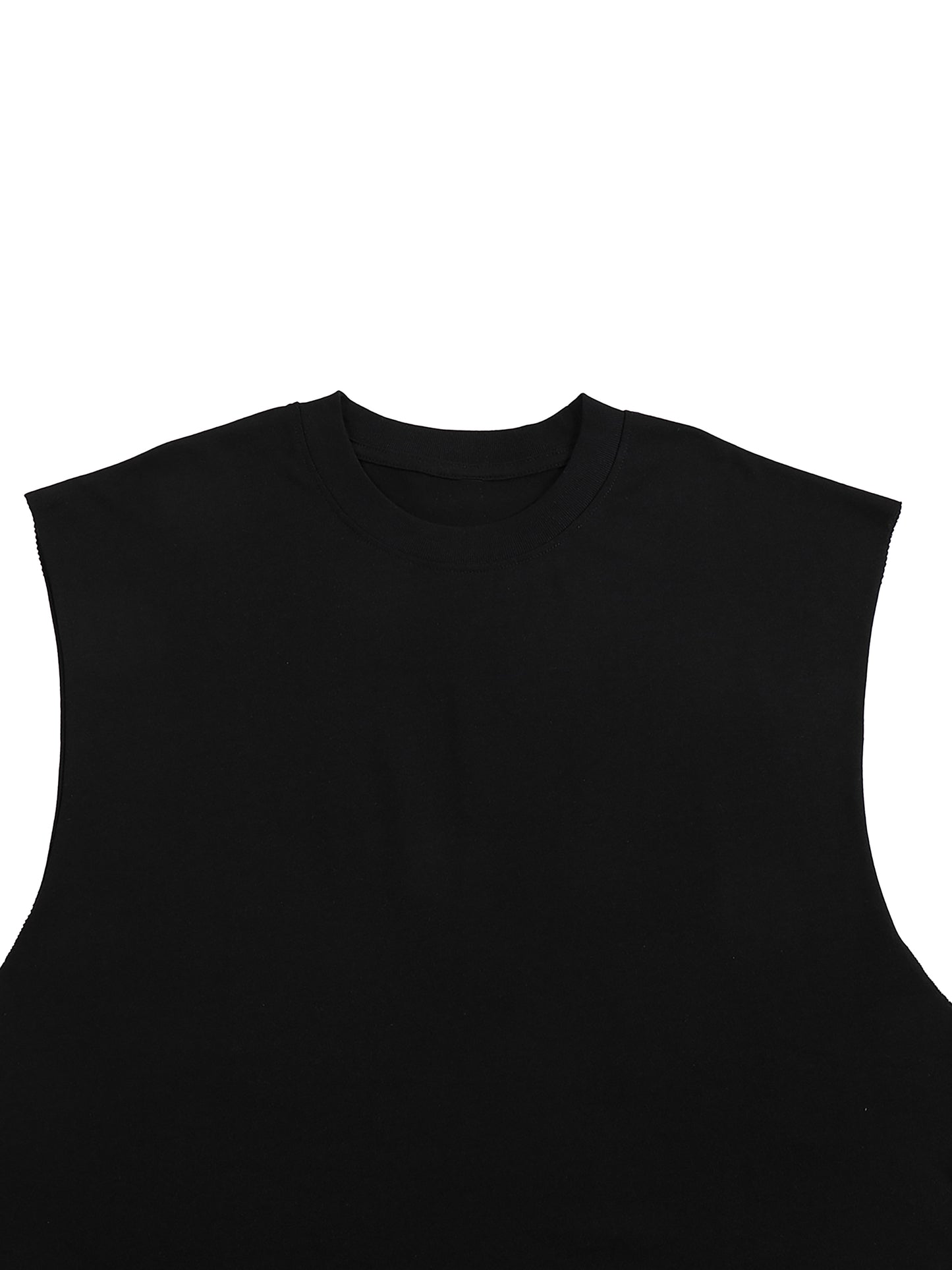 Flat lay of sustainable 230 GSM Future-Homme made-to-order activewear raw edge tank top in black up close frontside on a white background