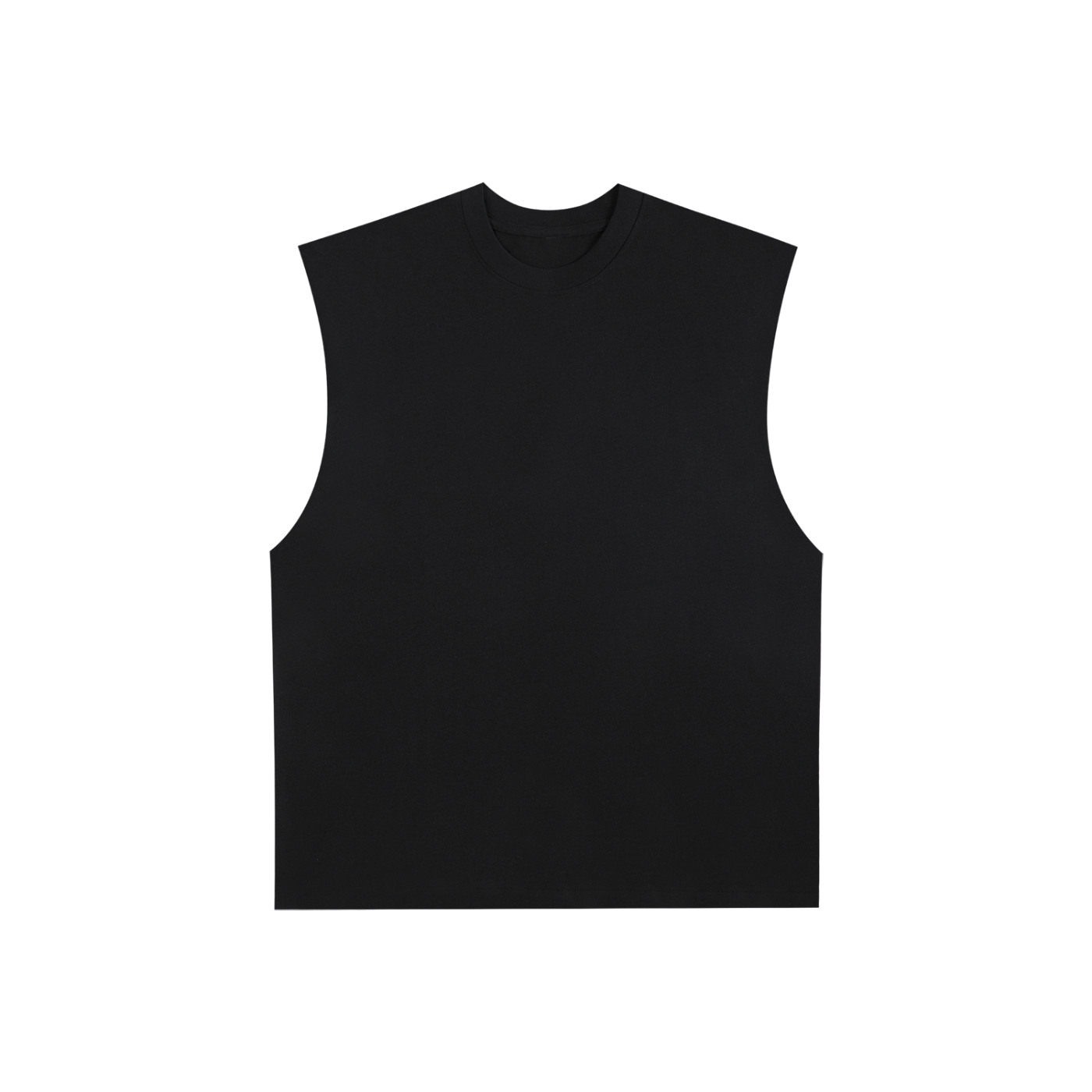 Flat lay of sustainable 230 GSM Future-Homme made-to-order activewear raw edge tank top in black frontside on a white background.