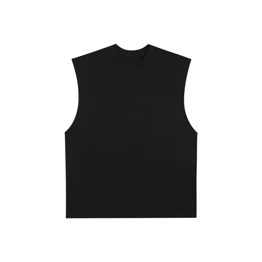 Flat lay of sustainable 230 GSM Future-Homme made-to-order activewear raw edge tank top in black frontside on a white background.