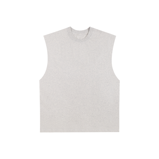 Flat lay of sustainable 230 GSM Future-Homme made-to-order activewear raw edge tank top in flower gray frontside on a white background.